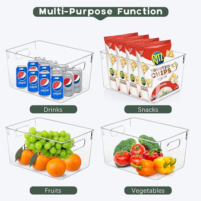 4 Pack Kitchen Organizers - Clear Plastic Storage Bins for Fridge, Pantry, Cabinet, Countertops and Bathroom