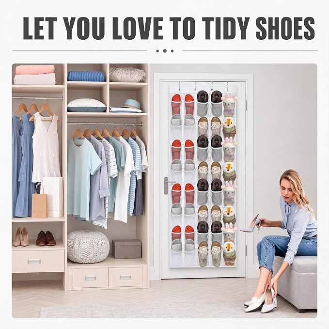 Windyun 40 Over the Door Shoe Organizer, Large Mesh Pocket Hanging Shoe Rack Hanger Large Capacity Gray White Behind the Door Storage Holder for Dorm College Closet Entryway Bedroom Utility Women Men