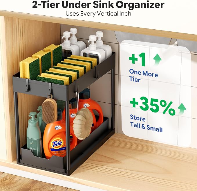 Ekisemio 2 Pack 2-Tier Under Sink Organizers with Sliding Drawer, Black | 2 Pack 2-Tier Under Sink Organizers | Sliding Drawer | Sturdy Metal Frame | Tool-Free Assembly | Space Saving | Black