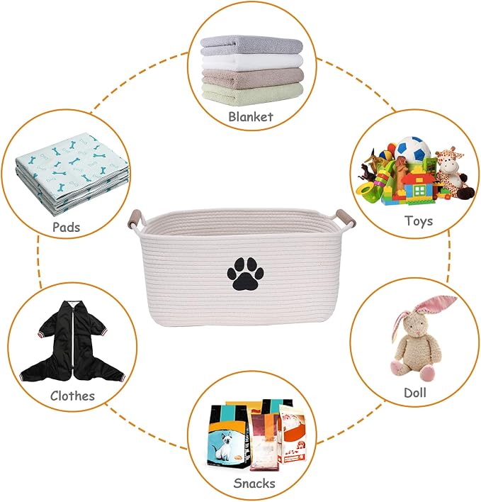 Geyecete dog toy basket Cotton Rope dog toy box with wood handle pet toy bin Blanket Storage Basket Decorative Clothes Hamper Basket Large Baskets