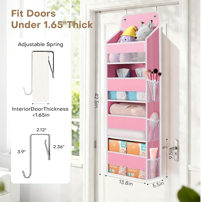 SpaceWhisper Over the Door Organizer, 4 Large Pocket Hanging Storage Organizer with 40lb Capacity, Space Saving for Nursery, Bathroom, Bedroom, Closet - Baby Essentials & Toiletry Organizer (Pink)