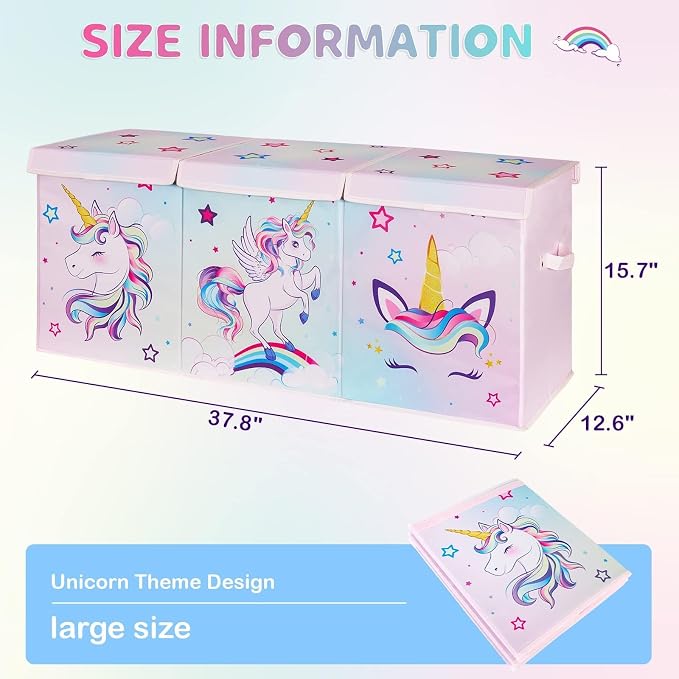 WERNNSAI Extra Large Toy Chest - Unicorn Toy Box Chest Organizer with Flip-Top Lid Collapsible Sturdy Storage Bin with Handles 38 x 13 x 16 Inch for Kids Girls Pink Closet Nursery Living Room Bedroom