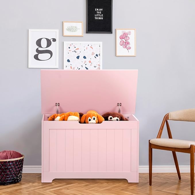 LEMY Storage Bench, Wooden Chest Box with 2 Safety Hinges, Modern Organizer Cabinet for Living Room, Bedroom, Entryway, Pink