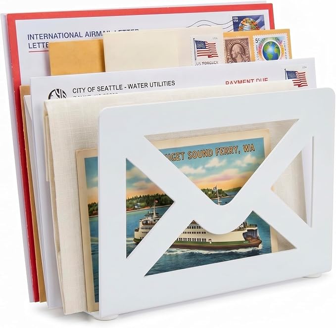 MyGift White Metal Desktop Mail Holder with Cutout Envelope Design Home and Office Desk Letter Organizer