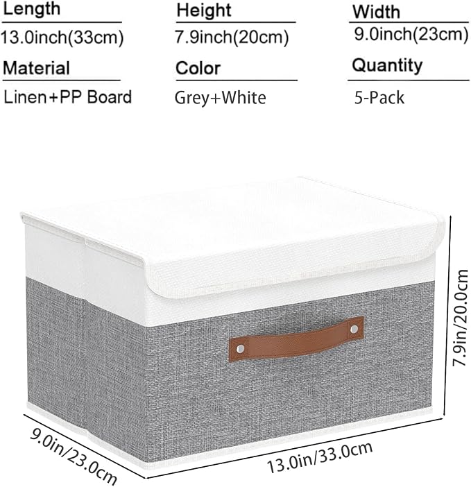 Yawinhe Collapsible Storage Bin, Cube Organizer Basket, Fabric Box with Lids, Washable and Leather Handle, for Home, Closet, White/Grey, 13.0''Lx9.0''Wx7.9''H, 5-Pack, SNK024WGS-5