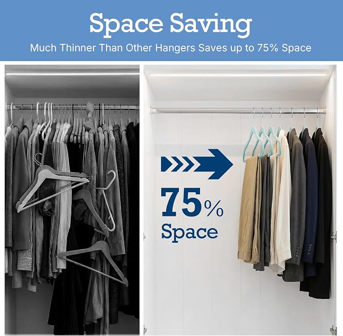 HOUSE DAY Sky Blue Velvet Hangers 60 Pack, Non Slip Clothes Felt Hanger Heavy Duty for Coat, Premium Slim Space Saving Suit Hangers for Closet Organizer, 360° Rotating Silver Hook