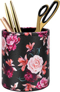 Pen Pencil Holder, WAVEYU Floral Flower Pattern Pen Cup Container PU Leather Desk Organizer Stand Decor Brush Scissor Holder Desk Organizer Decoration for Office Desk Home Decorative, Floral