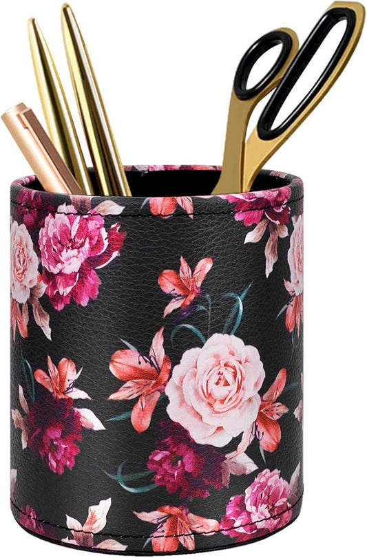 Pen Pencil Holder, WAVEYU Floral Flower Pattern Pen Cup Container PU Leather Desk Organizer Stand Decor Brush Scissor Holder Desk Organizer Decoration for Office Desk Home Decorative, Floral