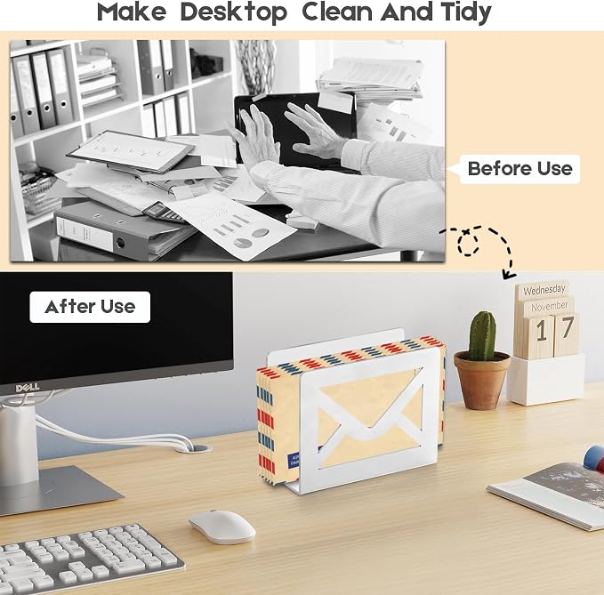 Desktop Metal Mail Holder,Letter Organizer for Desk (White) | Modern,Cutout Envelope Design,Envelope and Document Storage Rack for Home and Office