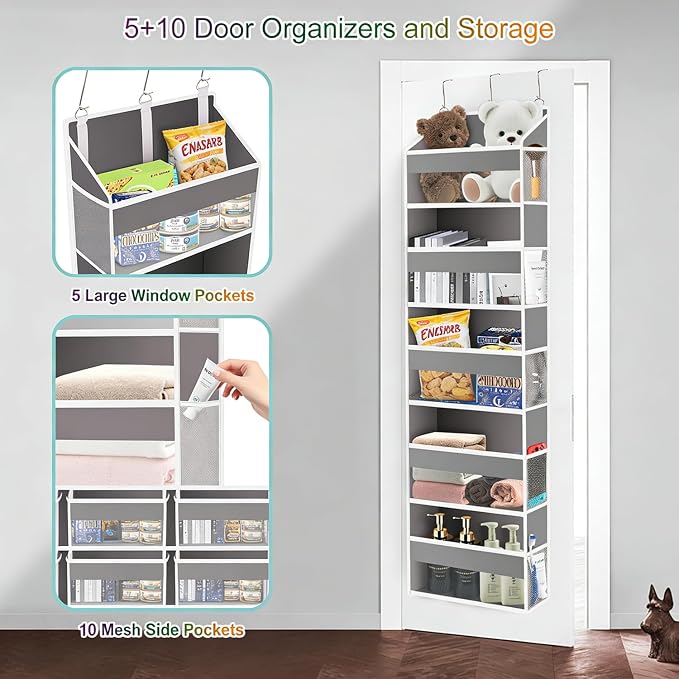 Over The Door Organizer Closet,5 Bins 10 Side Pockets,Hanging Organizer,Anti Tilt 44 lbs Load Organizers and Storage with Clear Window for Bedroom,Nursery,Rv,Bathroom,Camper(Light Grey)