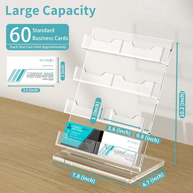 HIIMIEI Business Card Holder Desk, Acrylic Business Card Display, 4 Tier Clear Business Card Stand for Office, Exhibition, Meeting, Home, 480 Card Capacity