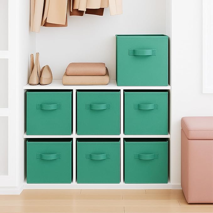 PowerKing Collapsible Storage Cubes with Handles, Fabric Foldable Bins for Closet Shelves, Durable Organization Storage Bins, 10.5'' x 11'' x 10.5'' (6Pack, Forest Green)