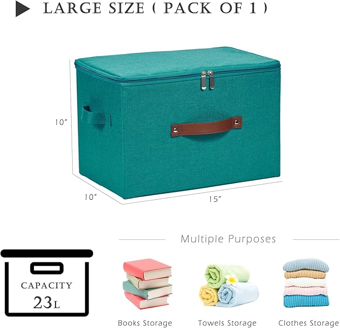 Storage Bins with Zipper Lid Cotton Linen Fabric Lidded Storage Baskets Boxes Foldable Washable Closet Shelf Clothes Organizer Container with PU Leather Handles (Teal Blue, Large)