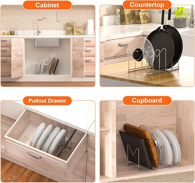HzTinT 3 Pack Pot Lid Organizer for Cabinet, Stainless Steel Pot Lid Rack with Anti-slip Pad, Lid Holder for Pans Pots, Bakeware, Plates, Cookie Sheets, Trays, Dish, Cutting Boards, Silver