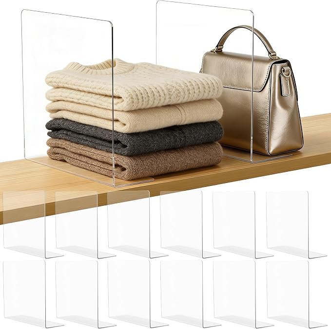 Acrylic Shelf Dividers Closet Organizers for Home Organization Enthusiasts | 12" Tall Sturdy Clear Closet Shelf Dividers for Clothes Purse pantry Separators in Bedroom Kitchen Office Shelf Space Saver