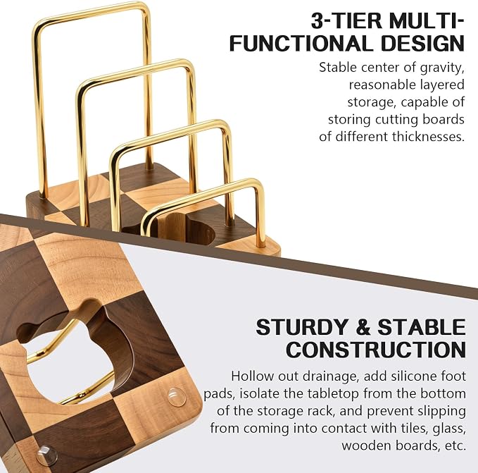 Chopping Board Rack with Rubberwood Base – 3 Slot Wood Cutting Board Holder Pot Lid Stand, Baking Trays Pans Plates Cabinet Storage Divider Accessory for Home Countertop Kitchen Storage & Organizer