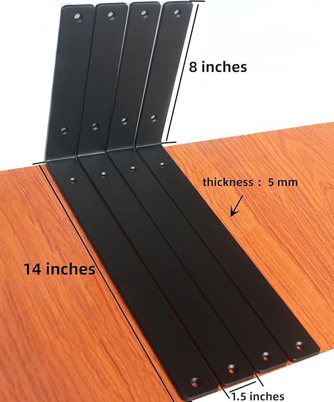 8 Pack - L 14" x H 8" x W1.5, 5mm Thick Black L Shelf Bracket, Iron Shelf Brackets, Metal Shelf Brackets, Floating Shelf, Shelf Supports with Screws