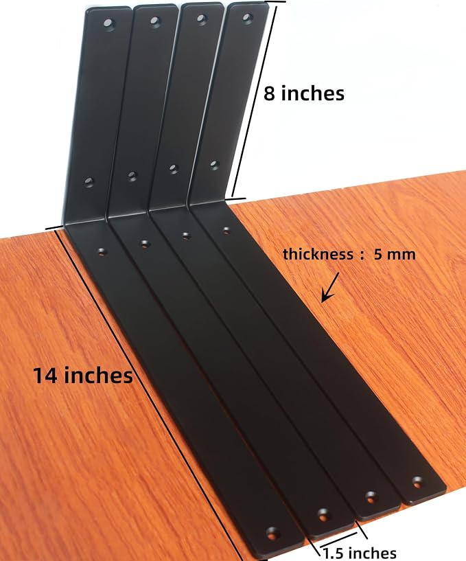 4 Pack - L 14" x H 8" x W1.5, 5mm Thick Black L Shelf Bracket, Iron Shelf Brackets, Metal Shelf Brackets, Floating Shelf, Shelf Supports with Screws