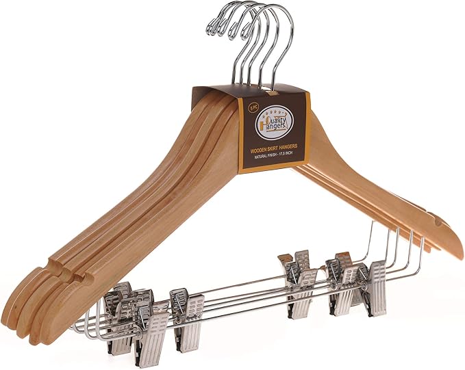 Quality Wooden Skirt Hangers with Clips, 10-Pack Smooth Solid Wood Pants Hangers with Durable Adjustable Metal Clips, Swivel Hook, Coat, Jacket, Blouse Suit Hangers (Natural, 10)