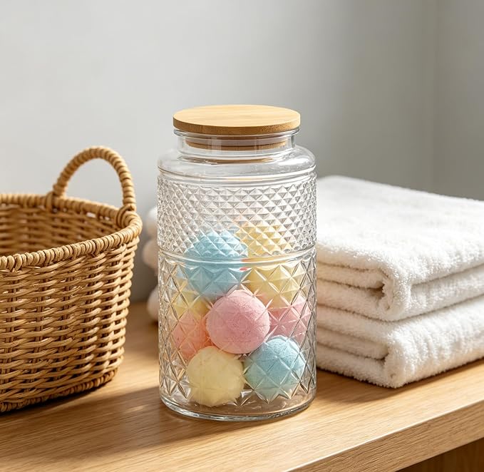Prettidecor 1 Gallon Large Airtight Glass Storage Jars with Bamboo Lid, Kitchen Pantry Bathroom Laundry Room Organizer Canisters for Flour, Sugar, Cookie, Pasta, Rice, Snack, Coffee Bean, Cereal