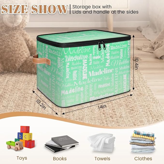 Custom Storage Basket with Name, Personalized Keepsake Box with Zipper Lid, Foldable Fabric Memory Bin Large capacity with Handle Green Gradient