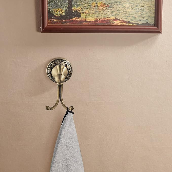 Leyden Antique Brass Towel Hook, Bathroom Robe Hooks, Brushed Double Coat Clothes Hanger Hook Vintage Style Wall Mounted