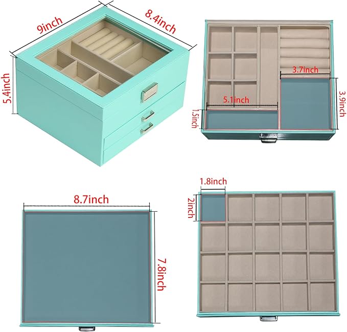 BOOVO Clear Lid Jewelry Box,3 Layers Jewelry Organizer Large Jewelry Storage Box with 2 Drawers,Jewelry Holder Organzier of Rings Earrings Necklace Bracelets for Women (Turquoise, 3 Layer)