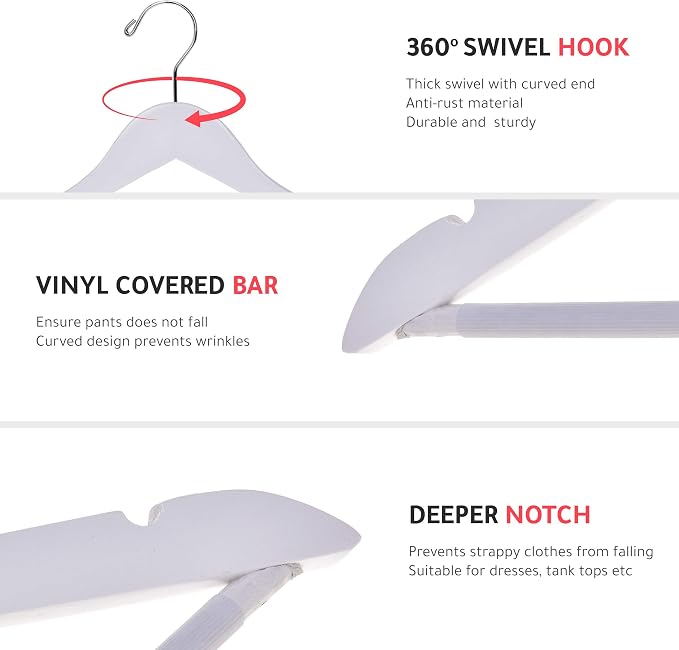 Quality Wooden Hangers - Slightly Curved Hanger 90 Pack Sets - Solid Wood Coat Hangers with Stylish Chrome Hooks - Heavy-Duty Clothes, Jacket, Shirt, Pants, Suit Hangers (White, 90)