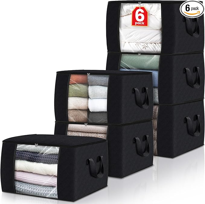 Fab totes Storage Bags,Clothes Blanket Storage Bins Foldable Closet Organizers with Reinforced Handle for Home Dorm Storage and Organization,Fabric Bags for Organizing Sheets,Clothing (Black,6 Pack)