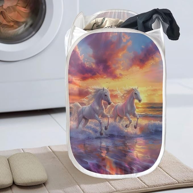 AFPANQZ Laundry Baskets Foldable Pop Up Mesh Washing Laundry Basket Bag Bin Horse Sea Print Hamper Nursery Toy Tidy Storage Organiser Large Organizer 61L, 13.5x13.5x21 inches