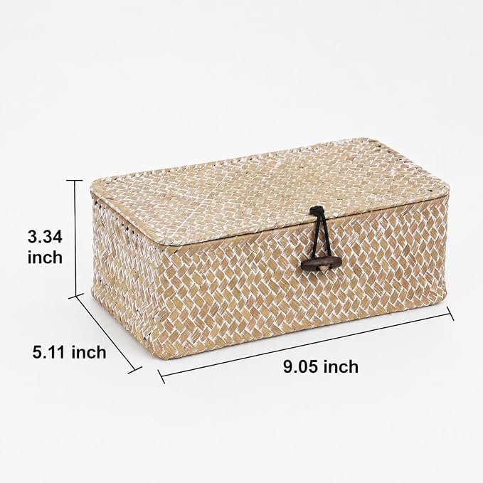 Wicker Basket with Lid, Natural Seagrass Storage Baskets for Organizing, Woven Basket for Storage, Decorative Boxes Bins with Lids Home Organizer Decor (Whitewash, 9.05" x 5.11" x 3.34")