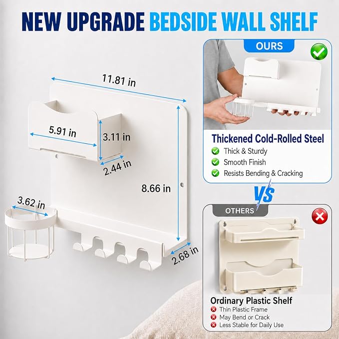 Metal Bedside Wall Shelf, Bedside Floating Shelf Wall Organizer with Detachable Cup Holder, No Drill Wall Mount for Bedroom, Dorm Room Decor, Nightstand Alternative, Bunk Bed Accessories, RV Storage