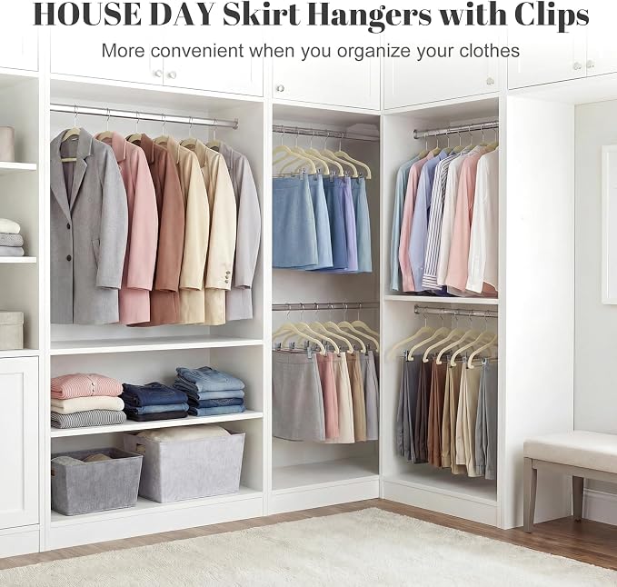 HOUSE DAY Velvet Skirt Hangers 36 Pack, Beige Hangers with Adjustable Clips | Space Saving Slim Felt Pant Hanger, Heavy Duty Shorts Hanger, Non Slip Clip Hangars for Pants, Skirts, Shorts, Outfit