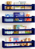 Forbena Navy Blue Floating Nursery Book Shelves for Kids Room Wall, Decorative Wall Bookshelf for Baby Boy Bedroom, Small Wood Hanging Bookshelves Wall Mounted for Little Boys Room Bathroom (Set of 4)