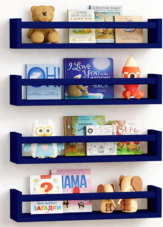 Forbena Navy Blue Floating Nursery Book Shelves for Kids Room Wall, Decorative Wall Bookshelf for Baby Boy Bedroom, Small Wood Hanging Bookshelves Wall Mounted for Little Boys Room Bathroom (Set of 4)
