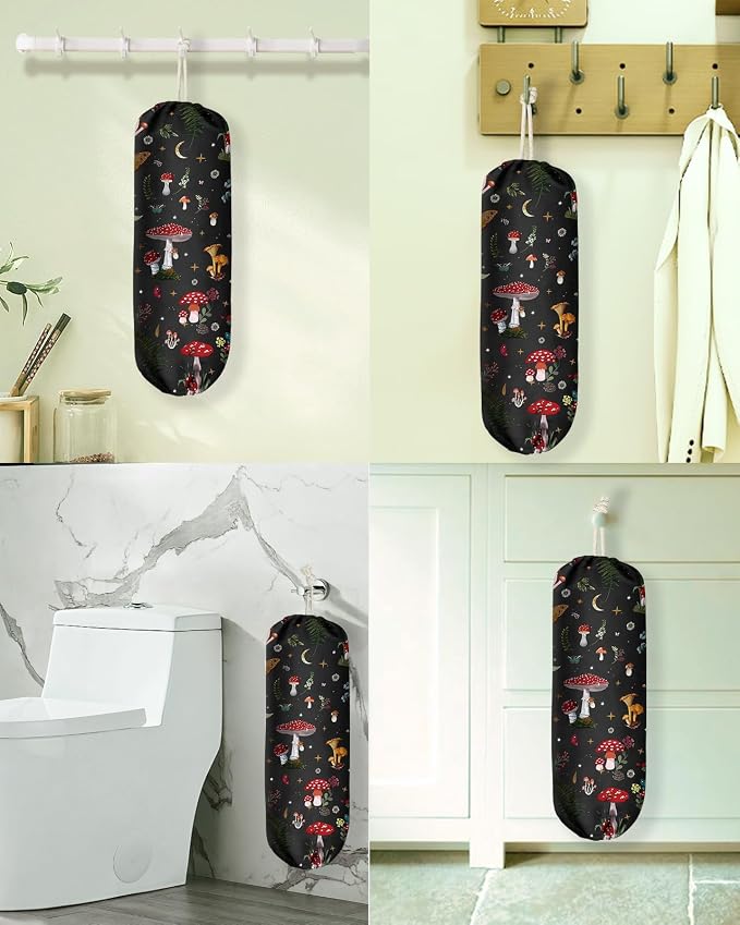 Plastic Bag Holder Organizer - 1 Pack Reusable Canvas Grocery Bags Holder Hanging Wall Cute Aesthetic Shopping Bag Storage Dispenser with Drawstring Closure for Kitchen Home, Mushroom