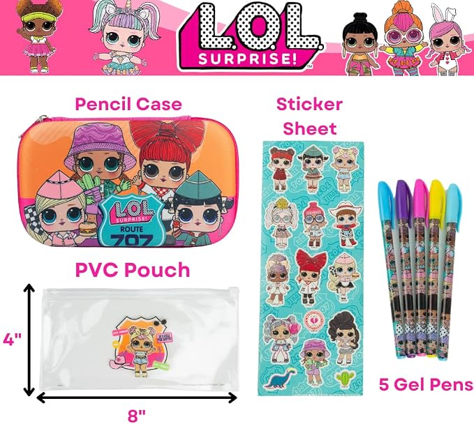 Innovative Designs LOL Surprise Dolls Pencil Case Set with LOL Stickers and Gel Pens for Girls, Molded with Zip Closure, Pink