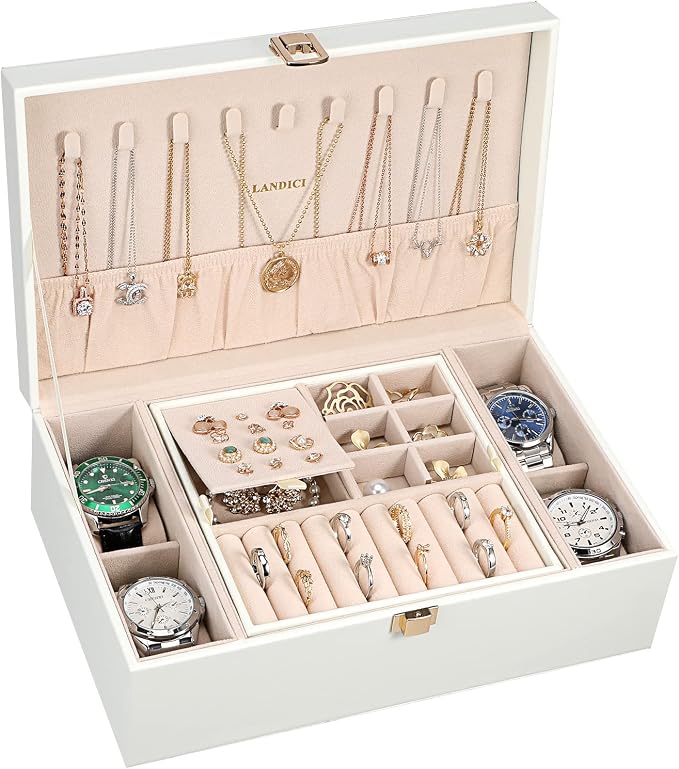 LANDICI Jewelry Box Organizer for Men Women, 2 Layer 4 Slot Watch Storage Case with Removable Tray, PU Leather Large Jewellery Holder Display for Watches Sunglasses Rings Earrings Necklace, White