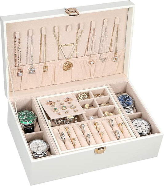 LANDICI Jewelry Box Organizer for Men Women, 2 Layer 4 Slot Watch Storage Case with Removable Tray, PU Leather Large Jewellery Holder Display for Watches Sunglasses Rings Earrings Necklace, White