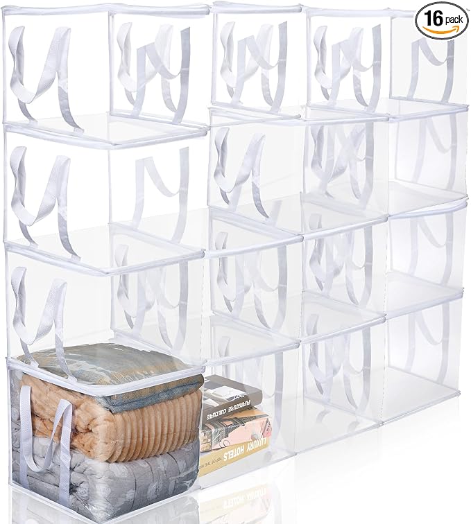 16 Pcs Clear Zippered Organizers 12''x12''x12'' Moving Bags with Reinforced Handles Heavy Duty Storage Cube Tote Storage Blanket Bags Bins for Clothes Moving Supplies Linens Shoes Closet Organizer
