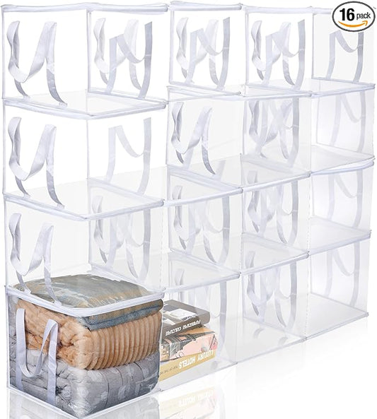 16 Pcs Clear Zippered Organizers 12''x12''x12'' Moving Bags with Reinforced Handles Heavy Duty Storage Cube Tote Storage Blanket Bags Bins for Clothes Moving Supplies Linens Shoes Closet Organizer