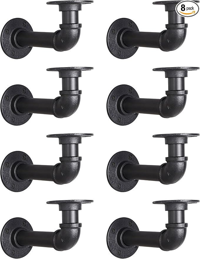 Industrial L Pipe Shelf Brackets for 9-18 in Depth Wood Heavy-Duty 3/4" Iron,Wall Mount Floating Shelf Bracket L Metal Pipe Shelving Brackets for Wood-Black DIY Pipe Shelves(8.5*3.1 Inch 8 Pack)