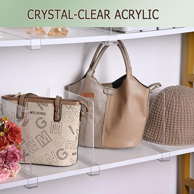 12Pcs Acrylic Shelf Dividers for Closet Organization, Purse Organizer for Closet | Clear Acrylic Shelf Dividers Closet Purse Organizer Closet Dividers for Bedroom, Kitchen, Bathroom, Book Cabinet Separators