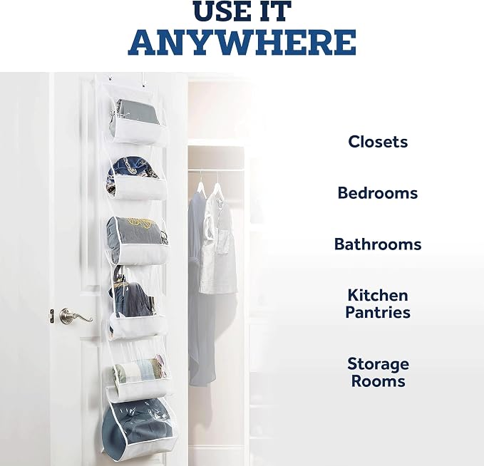ZOBER Purse Organizer For Closet - Over The Door Purse Organizer W/ 6 Pockets for Easy Purse Storage - Durable Metal Hooks - Purse Rack W/Clear Pockets - White (1 Pack)