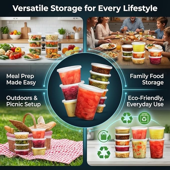 JoyServe 24 Sets Deli Containers with Lids – 8oz, 16oz & 32oz – Leak Proof, Microwaveable, Dishwasher & Freezer Safe – Plastic Food Storage & Soup Containers