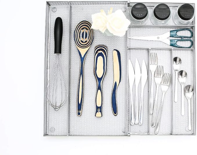 JANE EYRE Utensil Drawer Organizer - Expandable Cutlery Tray, Silverware/Flatware Storage Divider for Kitchen, Mesh Designing with Non-slip Rubber Feet (Silver)