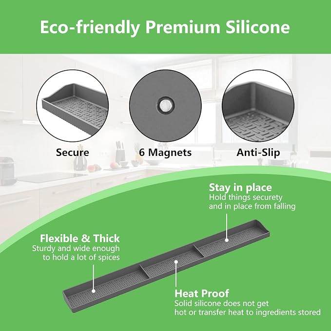 30 Inch Silicone Stove Top Shelf Magnetic for Kitchen, Strong Magnetic Heat Resistant Spice Rack Organizer for Over Stove Oven - (Grey)