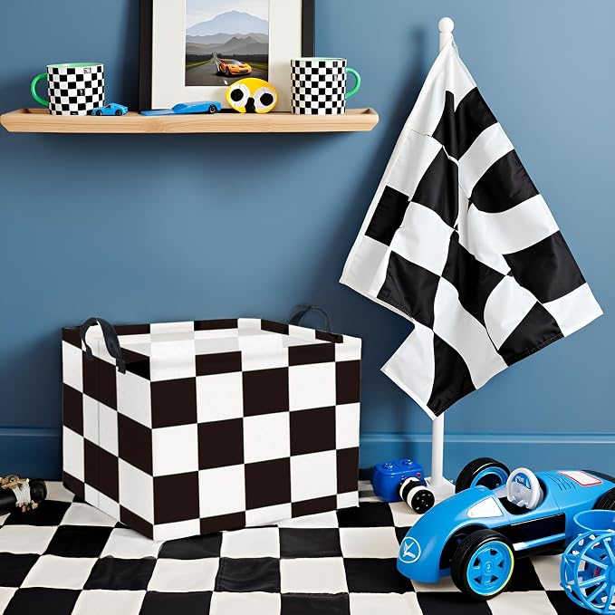 Rectangular Checkered Basket Storage Bin Collapse Storage Basket with Handles for Organizing Home Kitchen Boys and Girls Toys Office Closet Shelf Baskets (Race Flag)