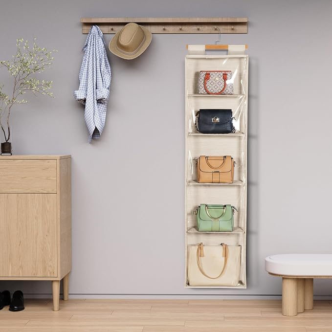 Syeeiex Hanging Handbag Purse Organizer with Zippers, 5 Mesh Shelves,Clear Slubbed Fabric+PVC Hanging Closet Bag Organizer, Dustproof Handbag Closet Tote Storage Bag for Door, Wardrobe, Beige