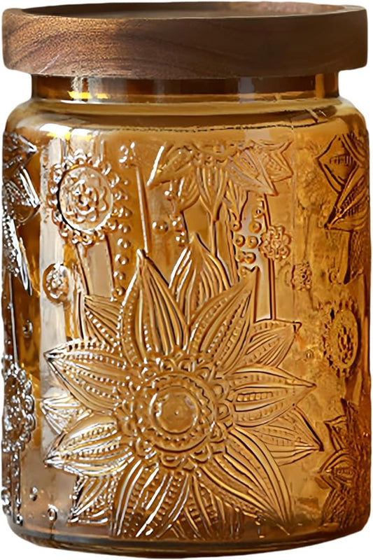 ANSQU Vintage 23.7oz Glass Jar with Solid Wood Lid - Airtight Storage for Loose Tea, Coffee, Candy, Cookies, Laundry Detergent - Decorative Kitchen Jar, Cute & Functional (Yellow, 1 Pack)